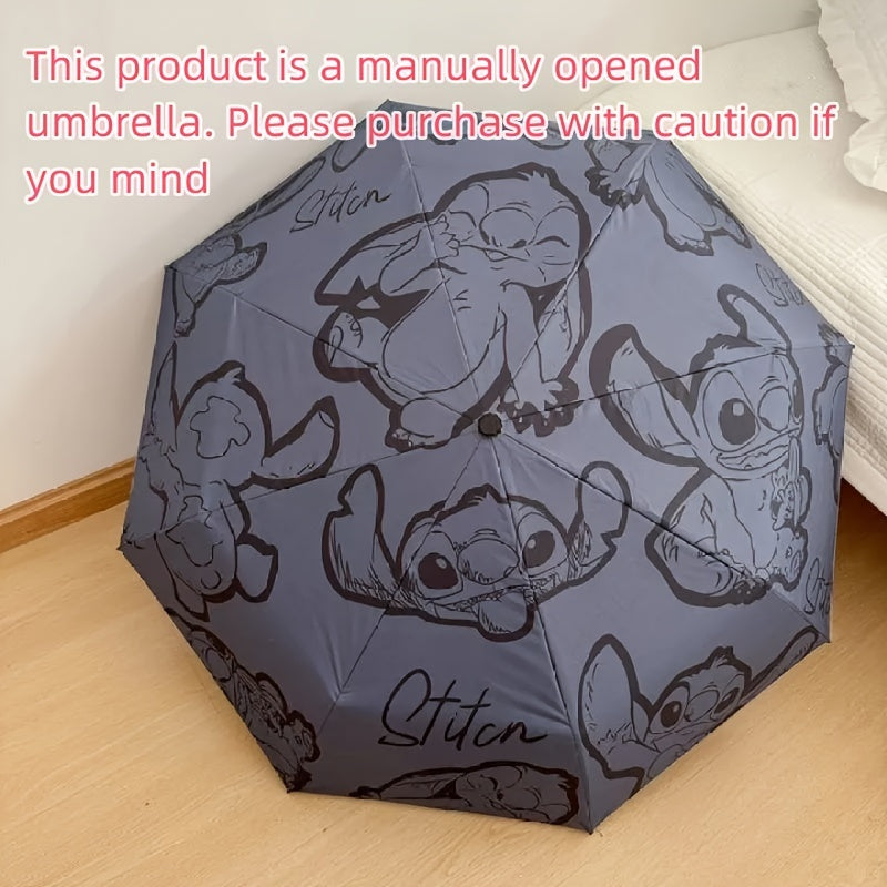 1pc Stitch Printed Manual Umbrella, Dual Use Sunshade, Black Rubber Sunscreen, Folding Outdoor Accessory for Camping, Hiking, Travel, Back to School, Ideal for Birthday, Christmas, Mother's Day Gifts