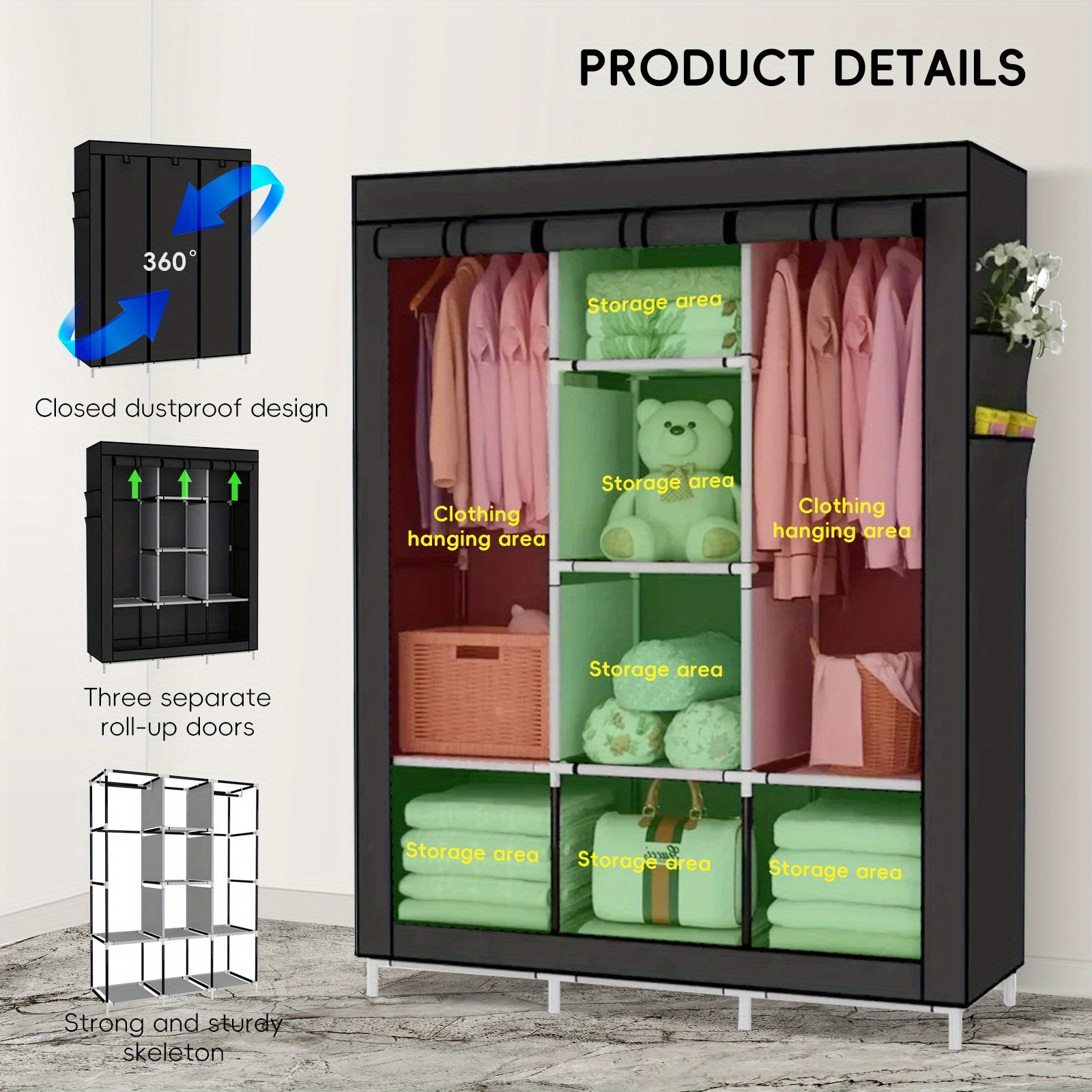 Large Capacity Clothes Storage Wardrobe - Easy Assembly, Dustproof With Rolling Curtain, Portable Design For Home & Dorms, Portable Closets