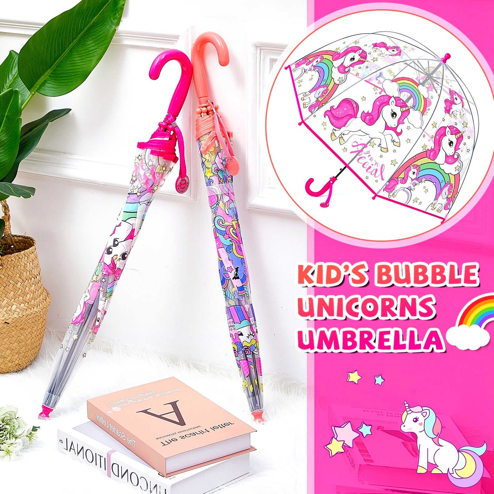 2pcs Unicorn Bubble Umbrellas, Automatic Open, 8 Ribs, Carbon Fiber & PE Handle, Water-Repellent PVC Canopy, Easy Grip Curved Handle for Boys and Girls