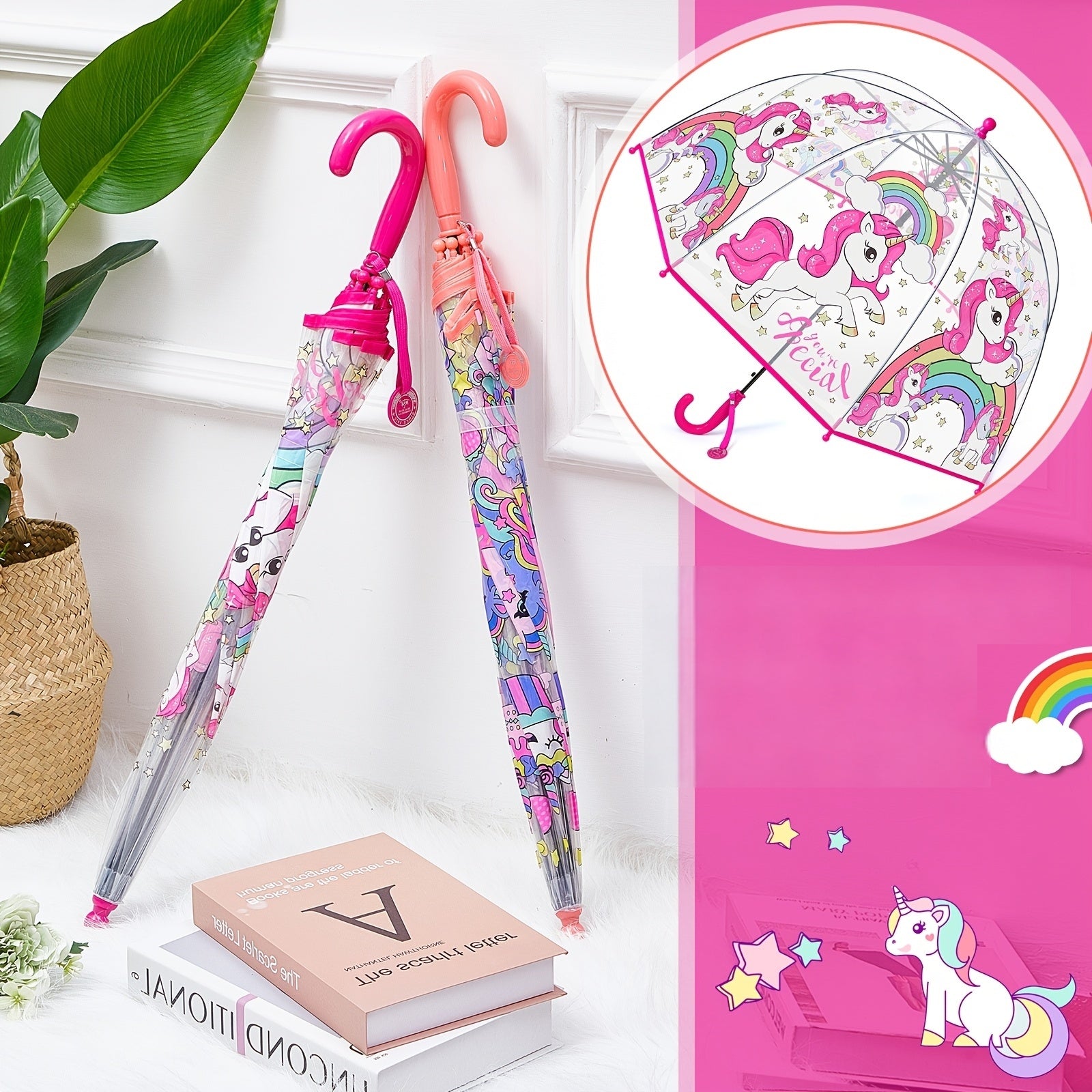2pcs Unicorn Bubble Umbrellas, Automatic Open, 8 Ribs, Carbon Fiber & PE Handle, Water-Repellent PVC Canopy, Easy Grip Curved Handle for Boys and Girls