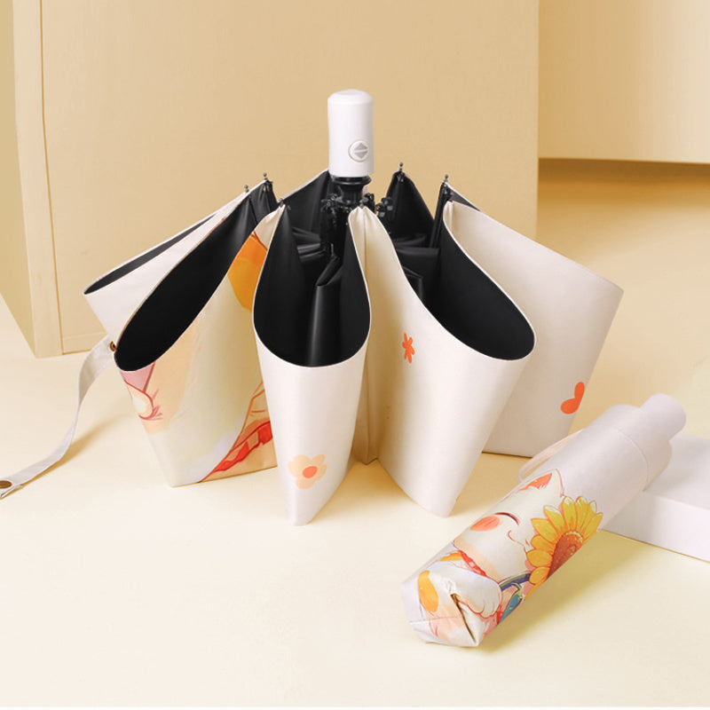 Cat & Sunflower Automatic Sun Umbrella - UV Protection Travel Umbrella with 8-Rib Compact Folding Design, Cute Cat Holding Sunflower Pattern, Lightweight Windproof for Rain & Shine, Stylish Outdoor Accessory