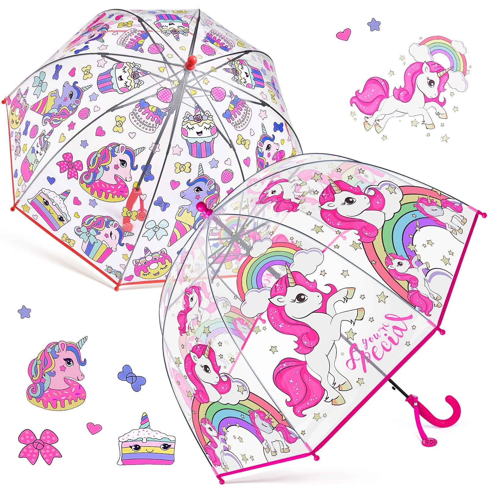 2pcs Unicorn Bubble Umbrellas, Automatic Open, 8 Ribs, Carbon Fiber & PE Handle, Water-Repellent PVC Canopy, Easy Grip Curved Handle for Boys and Girls