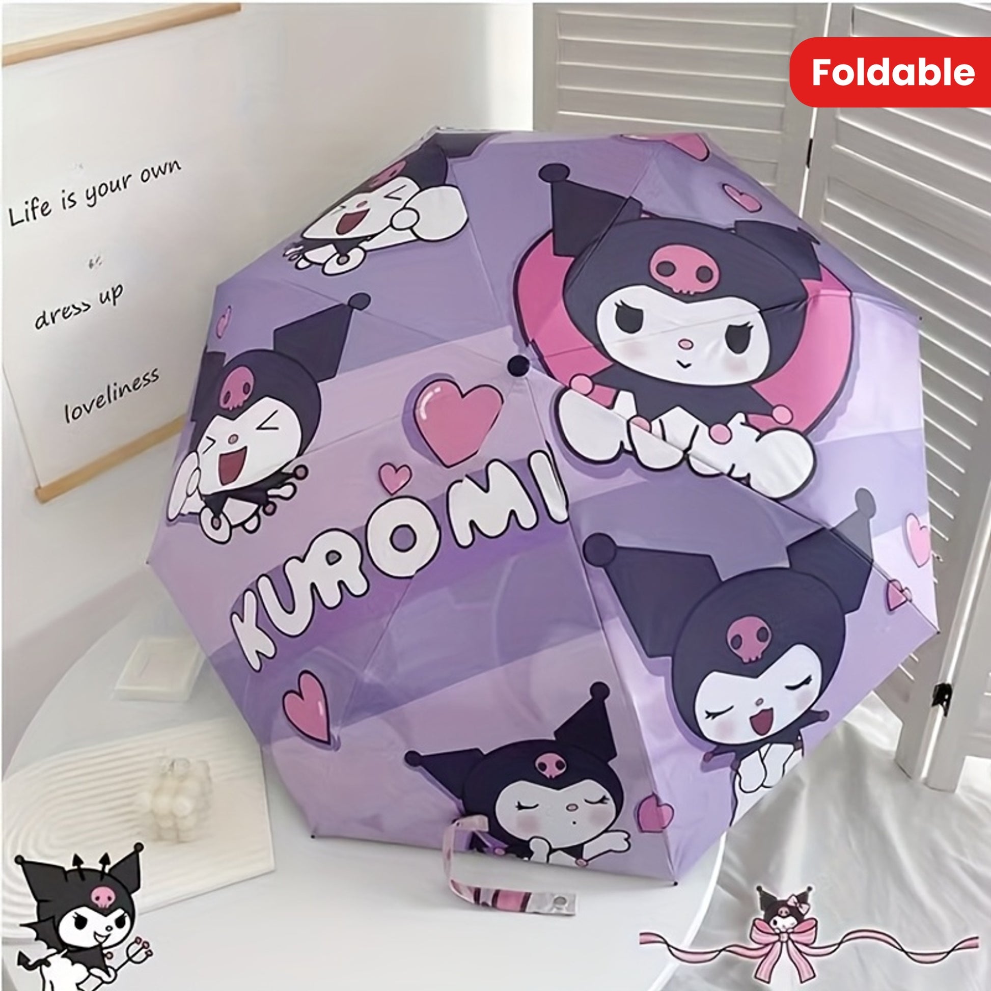 Sanrio Kuromi Automatic Folding Umbrella - UV Protection, Lightweight & Portable Travel Rain Gear with 190T Canopy & Rubber Handle, Cute Cartoon Design - Ideal for Sunny & Rainy Days, Perfect Gift, Umbrellas for Rain