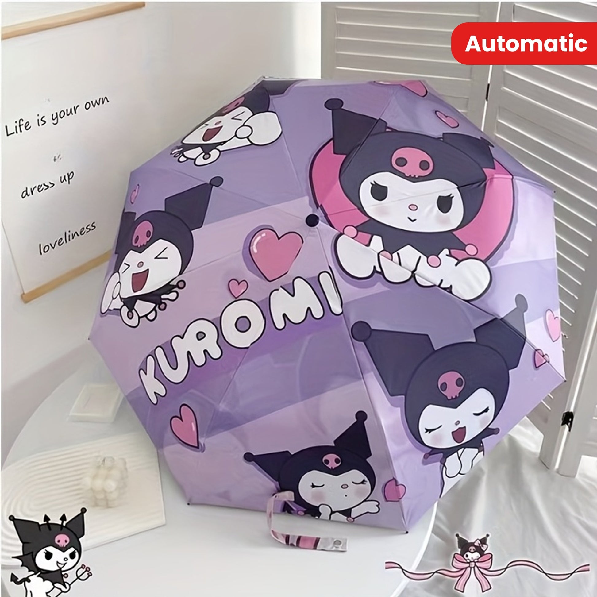 Sanrio Kuromi Automatic Folding Umbrella - UV Protection, Lightweight & Portable Travel Rain Gear with 190T Canopy & Rubber Handle, Cute Cartoon Design - Ideal for Sunny & Rainy Days, Perfect Gift, Umbrellas for Rain