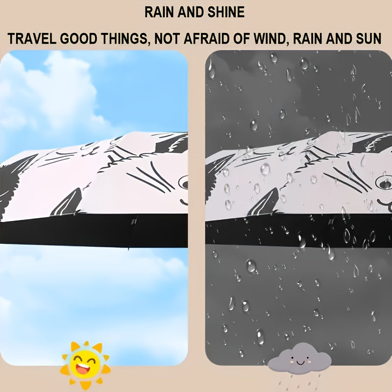 Cute Cat Design Manual Folding Umbrella - 8-Rib Carbon Fiber Frame, 190T Water-Resistant Fabric, Compact Lightweight Umbrella for Women & Men, Sun & Rain Dual Use, Outdoor Umbrella