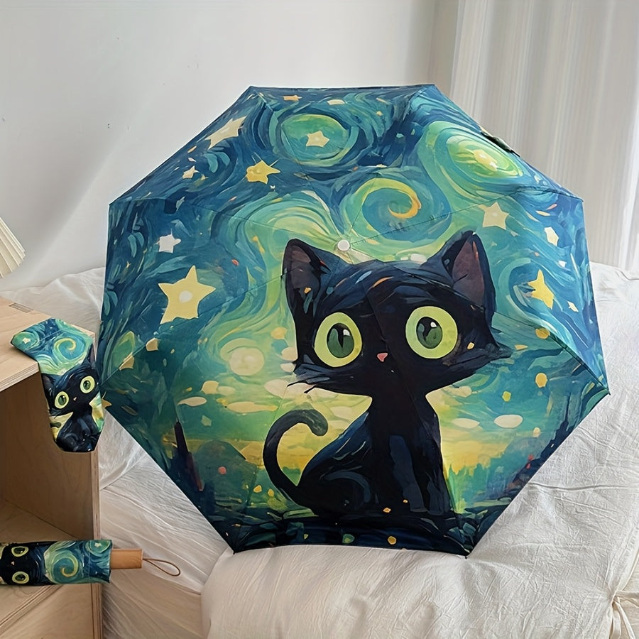 1pc Van Gogh Inspired Black Cat Pattern Folding Umbrella, Casual Cute Fashion Style, Manual Open, 8 Ribs, Pongee & Iron Material, Foldable Sunshade with UV Protection