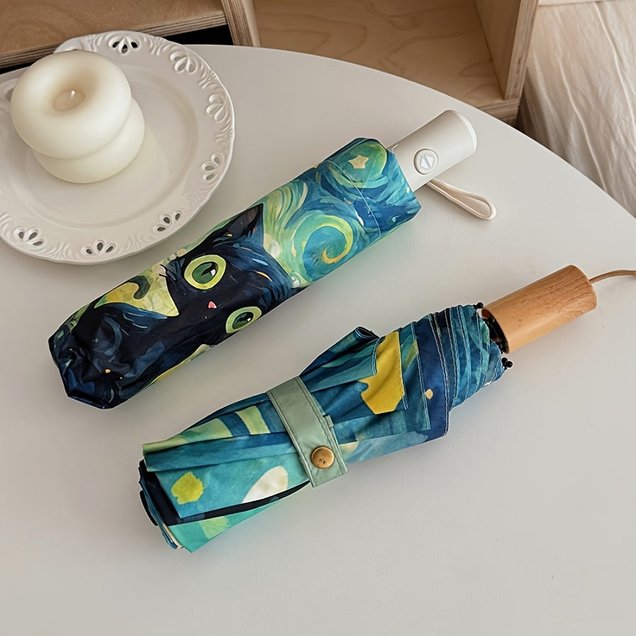 1pc Van Gogh Inspired Black Cat Pattern Folding Umbrella, Casual Cute Fashion Style, Manual Open, 8 Ribs, Pongee & Iron Material, Foldable Sunshade with UV Protection