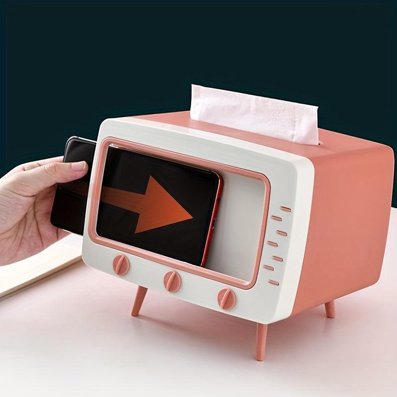 Retro Tv-Inspired Tissue Box Holder with Mobile Phone Dock - Multifunctional Rectangle Plastic Dispenser for Home & Office Decor - 1 PC Halloween, Christmas Decorations