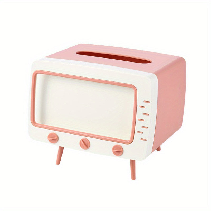 Retro Tv-Inspired Tissue Box Holder with Mobile Phone Dock - Multifunctional Rectangle Plastic Dispenser for Home & Office Decor - 1 PC Halloween, Christmas Decorations