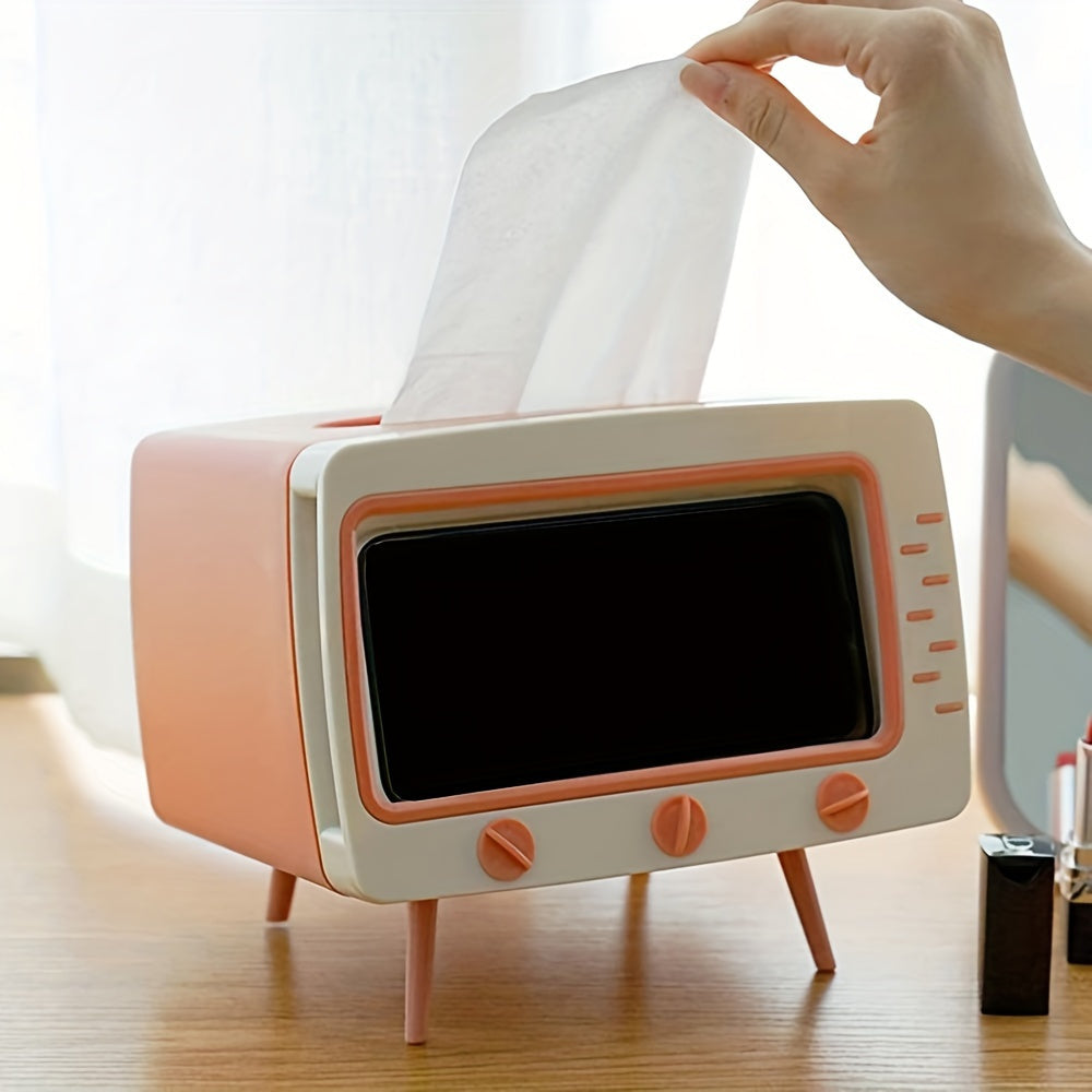 Retro Tv-Inspired Tissue Box Holder with Mobile Phone Dock - Multifunctional Rectangle Plastic Dispenser for Home & Office Decor - 1 PC Halloween, Christmas Decorations