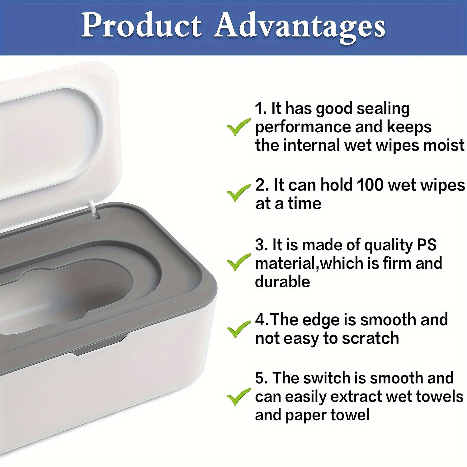Easy-Tear Tissue Dispenser for Adults 14+, Refillable Wet Wipe Dispenser, Single-Hand Operation, Non-Slip Base, Compatible with Various Tissues, White PP Material