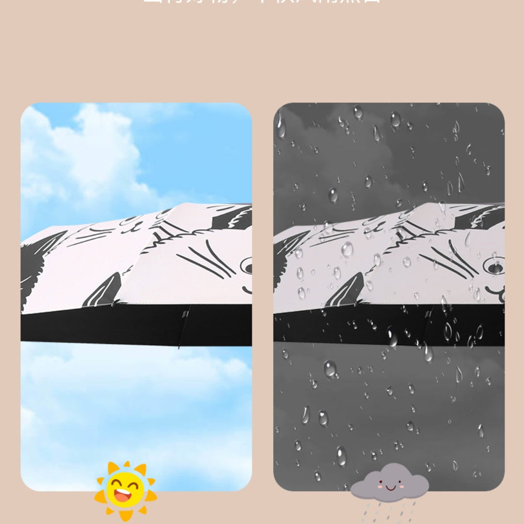 Automatic Open & Close Folding Umbrella with 8 Iron Ribs, Plastic Handle & 190T Pongee Fabric – Stylish Cat Pattern, Windproof Portable Foldable Umbrella for Sun & Rain Protection