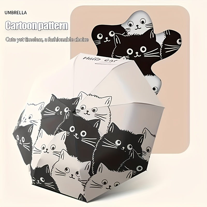 Cute Cat Design Manual Folding Umbrella - 8-Rib Carbon Fiber Frame, 190T Water-Resistant Fabric, Compact Lightweight Umbrella for Women & Men, Sun & Rain Dual Use, Outdoor Umbrella