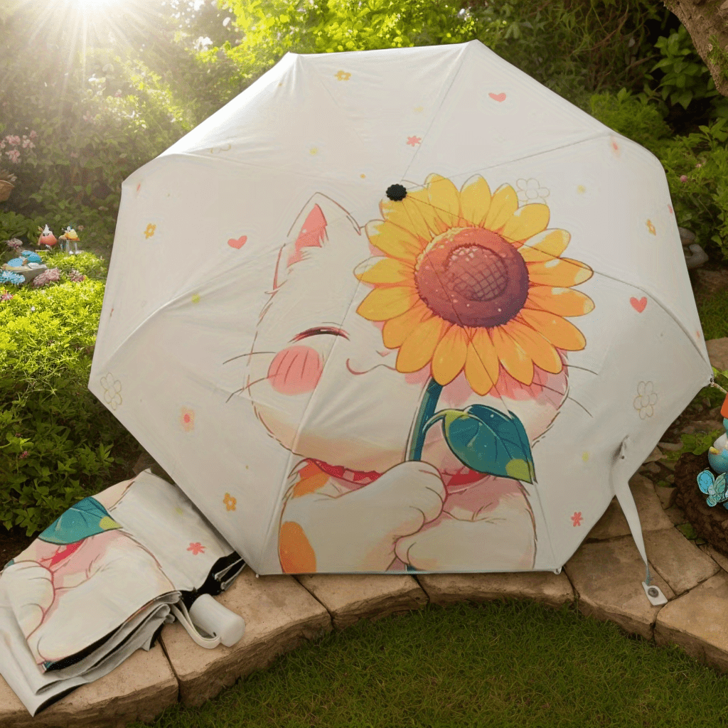 Cat & Sunflower Automatic Sun Umbrella - UV Protection Travel Umbrella with 8-Rib Compact Folding Design, Cute Cat Holding Sunflower Pattern, Lightweight Windproof for Rain & Shine, Stylish Outdoor Accessory