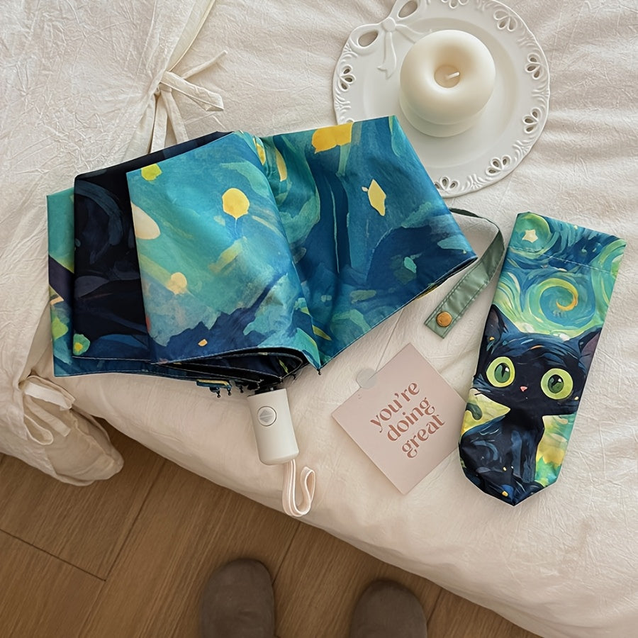 1pc Van Gogh Inspired Black Cat Pattern Folding Umbrella, Casual Cute Fashion Style, Manual Open, 8 Ribs, Pongee & Iron Material, Foldable Sunshade with UV Protection