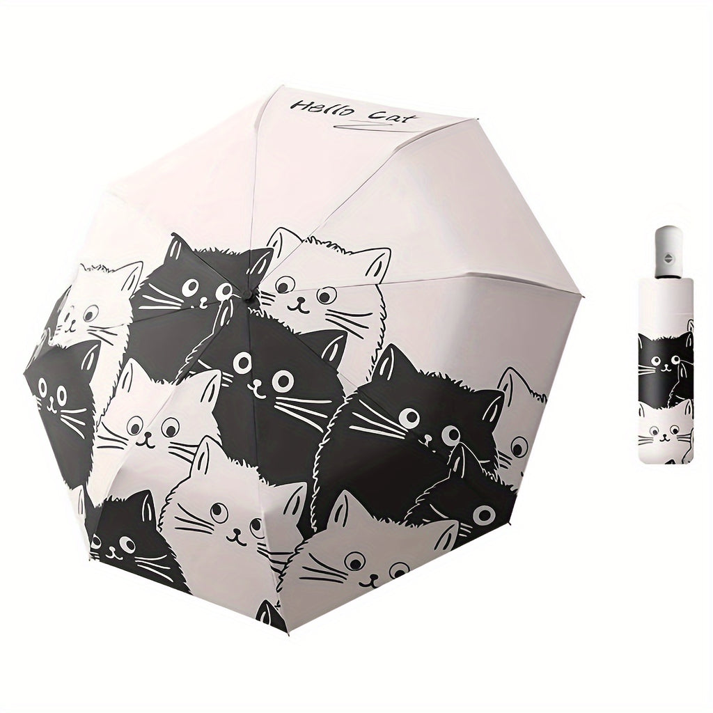 Automatic Open & Close Folding Umbrella with 8 Iron Ribs, Plastic Handle & 190T Pongee Fabric – Stylish Cat Pattern, Windproof Portable Foldable Umbrella for Sun & Rain Protection