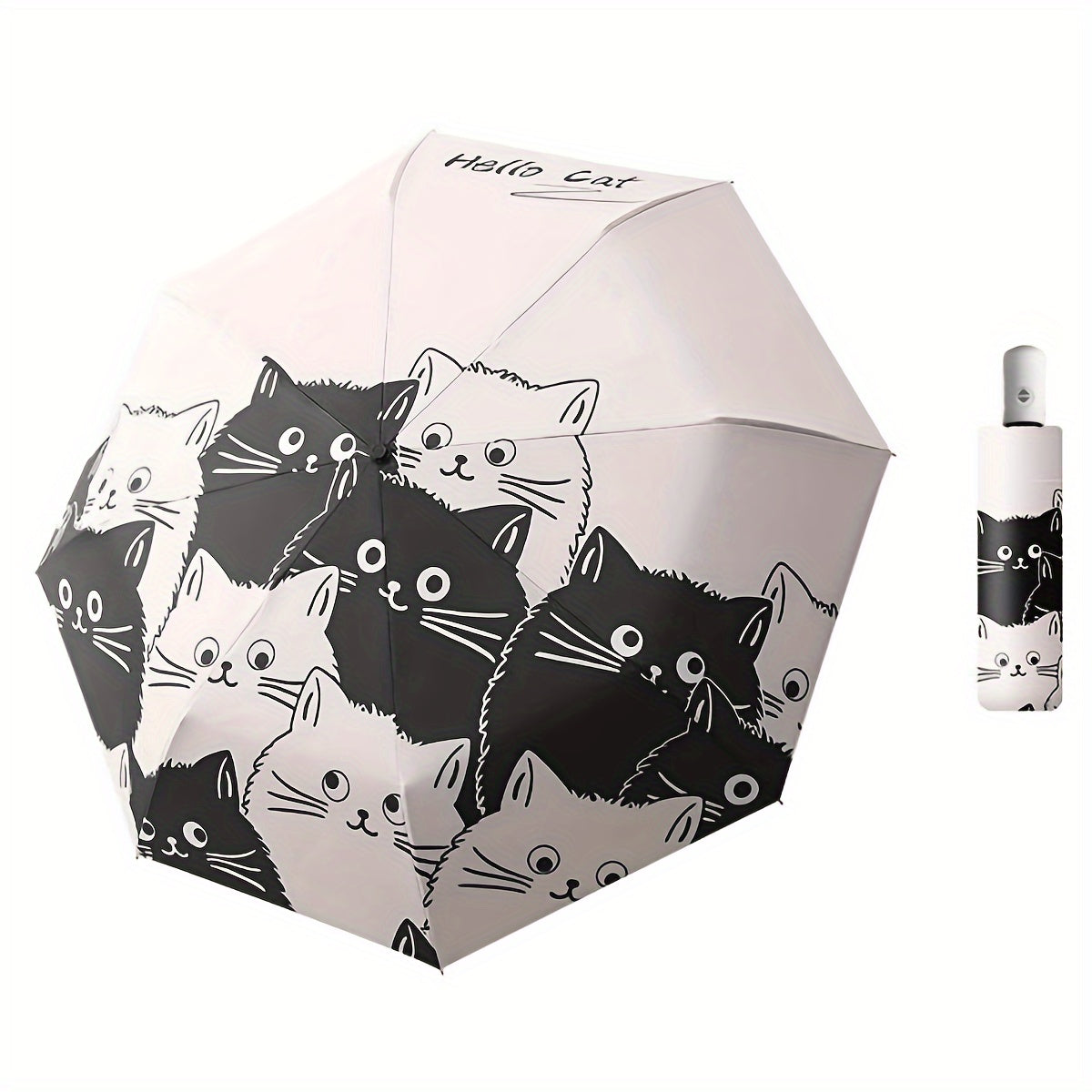 Automatic Open & Close Folding Umbrella with 8 Iron Ribs, Plastic Handle & 190T Pongee Fabric – Stylish Cat Pattern, Windproof Portable Foldable Umbrella for Sun & Rain Protection