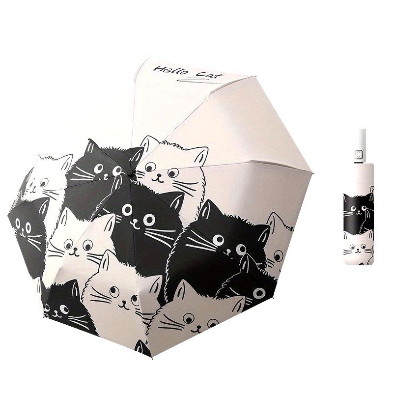 Automatic Open & Close Folding Umbrella with 8 Iron Ribs, Plastic Handle & 190T Pongee Fabric – Stylish Cat Pattern, Windproof Portable Foldable Umbrella for Sun & Rain Protection