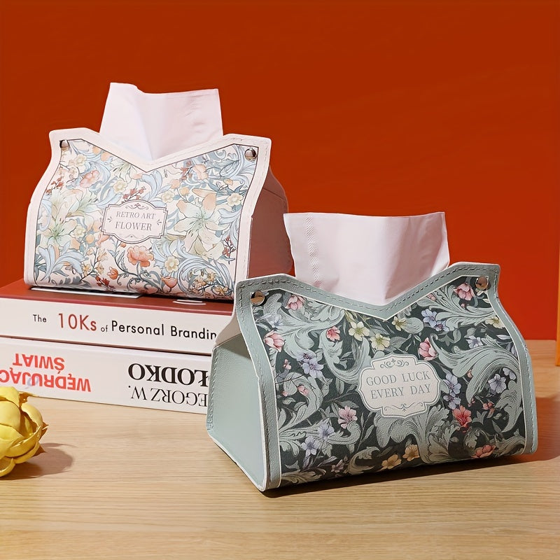 Vintage Floral Art PVC Tissue Box Cover - Elegant Retro Painted Napkin Holder for Living Room, Car, and Desktop Storage, Positioning Printing Design, Lightweight Handbag Organizer