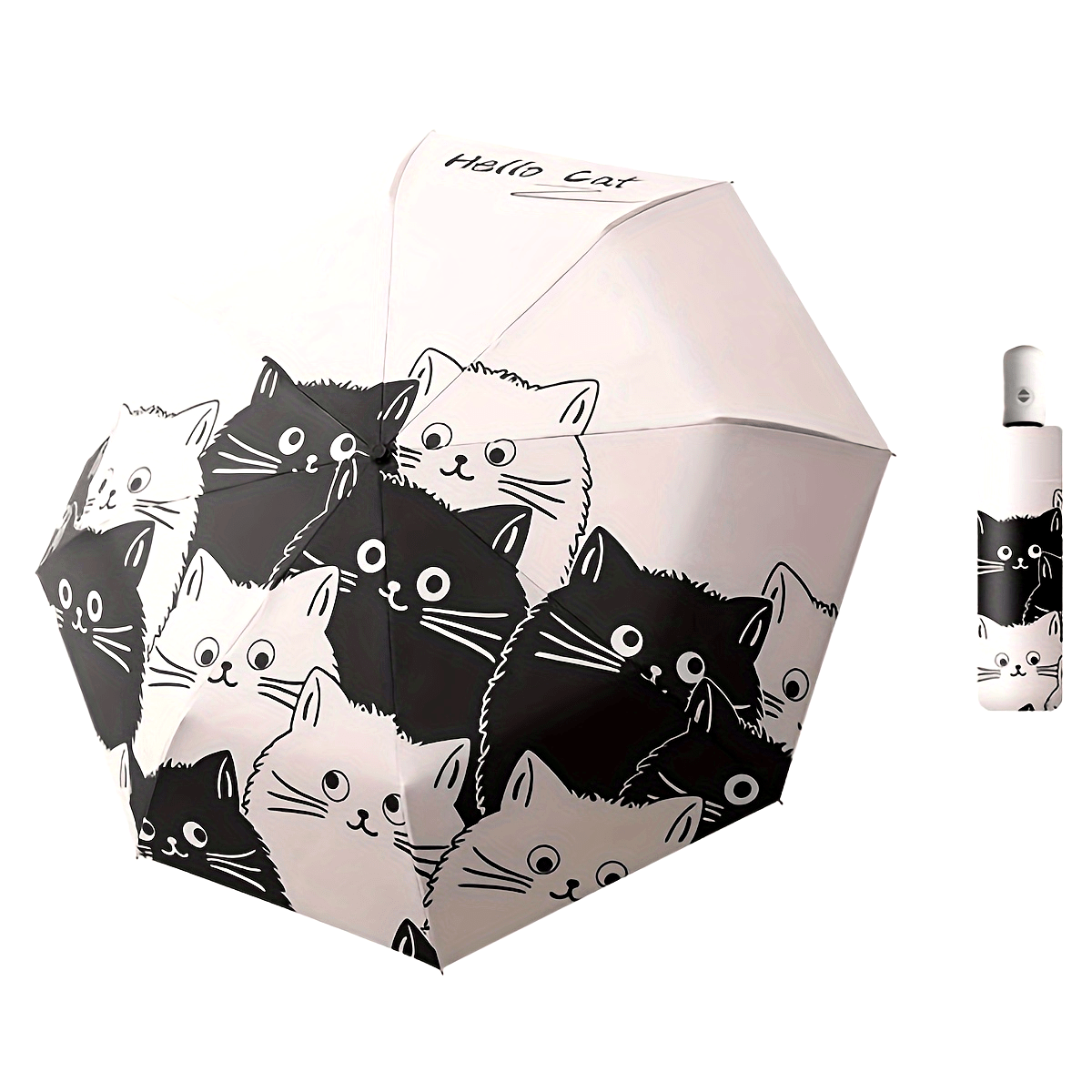 Automatic Open & Close Folding Umbrella with 8 Iron Ribs, Plastic Handle & 190T Pongee Fabric – Stylish Cat Pattern, Windproof Portable Foldable Umbrella for Sun & Rain Protection