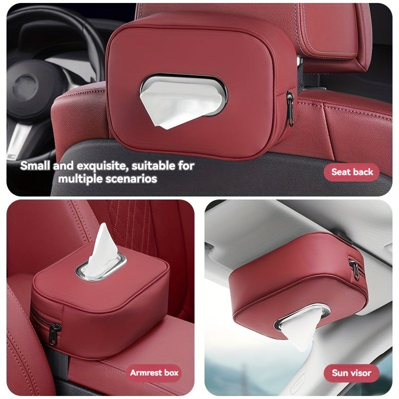 1pc PUPU PU Leather Car Tissue Box Holder, Multi-Functional Storage Organizer for Sun Visor, Seat Back, Armrest - Vehicle Interior Accessory