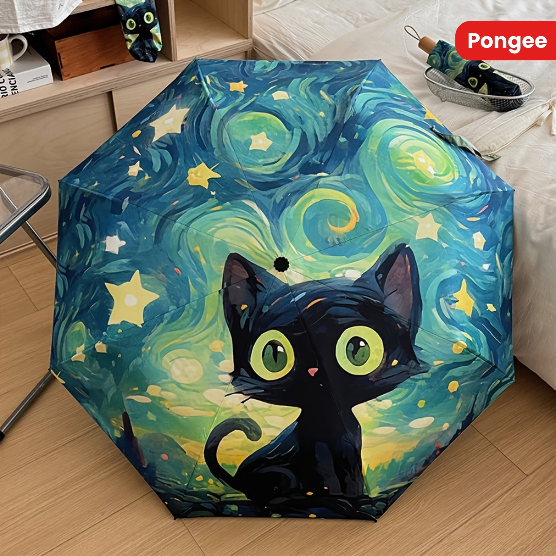 1pc Van Gogh Inspired Black Cat Pattern Folding Umbrella, Casual Cute Fashion Style, Manual Open, 8 Ribs, Pongee & Iron Material, Foldable Sunshade with UV Protection