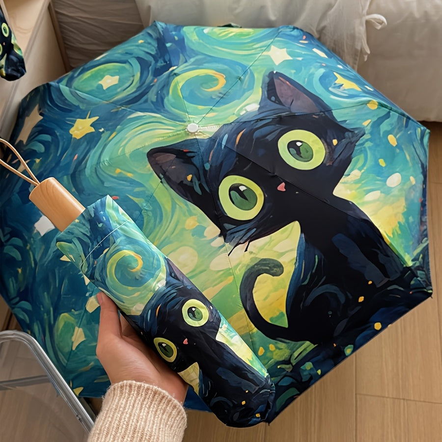 1pc Van Gogh Inspired Black Cat Pattern Folding Umbrella, Casual Cute Fashion Style, Manual Open, 8 Ribs, Pongee & Iron Material, Foldable Sunshade with UV Protection
