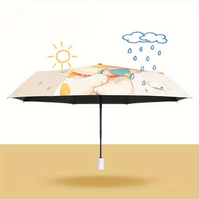 Cat & Sunflower Automatic Sun Umbrella - UV Protection Travel Umbrella with 8-Rib Compact Folding Design, Cute Cat Holding Sunflower Pattern, Lightweight Windproof for Rain & Shine, Stylish Outdoor Accessory