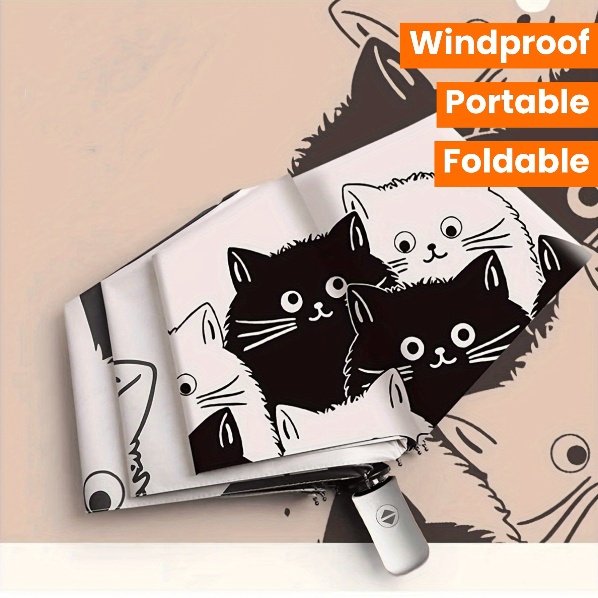 Automatic Open & Close Folding Umbrella with 8 Iron Ribs, Plastic Handle & 190T Pongee Fabric – Stylish Cat Pattern, Windproof Portable Foldable Umbrella for Sun & Rain Protection
