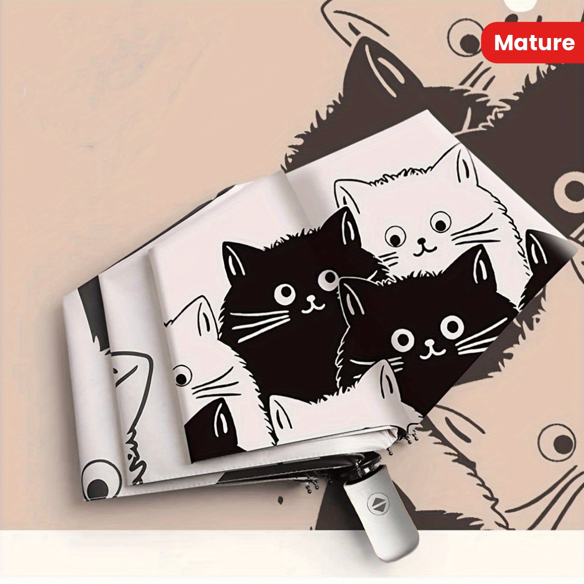 Automatic Open & Close Folding Umbrella with 8 Iron Ribs, Plastic Handle & 190T Pongee Fabric – Stylish Cat Pattern, Windproof Portable Foldable Umbrella for Sun & Rain Protection