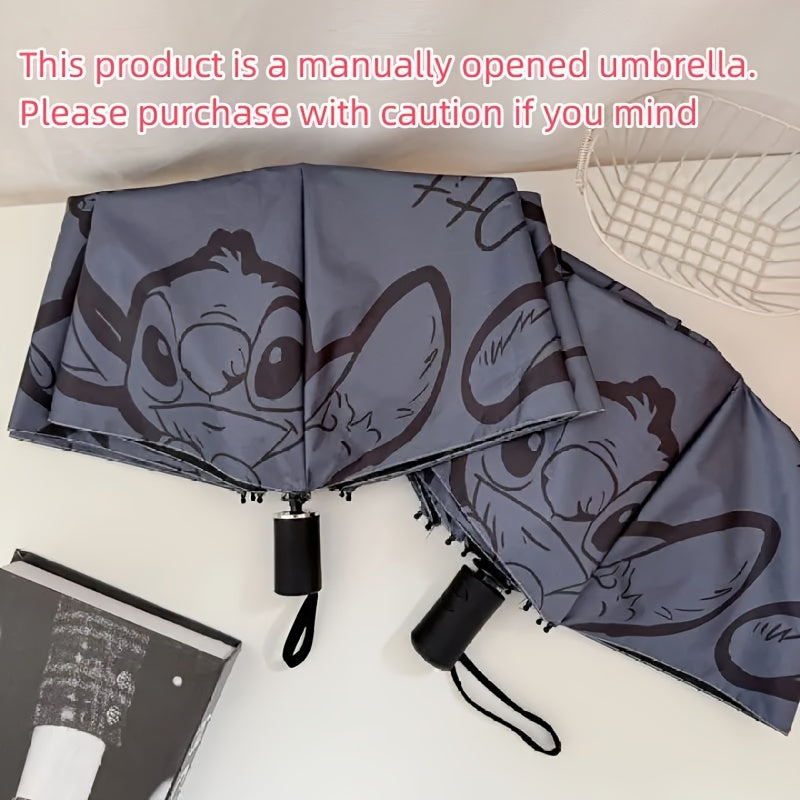 1pc Stitch Printed Manual Umbrella, Dual Use Sunshade, Black Rubber Sunscreen, Folding Outdoor Accessory for Camping, Hiking, Travel, Back to School, Ideal for Birthday, Christmas, Mother's Day Gifts
