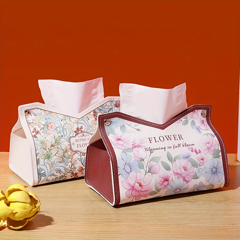 Vintage Floral Art PVC Tissue Box Cover - Elegant Retro Painted Napkin Holder for Living Room, Car, and Desktop Storage, Positioning Printing Design, Lightweight Handbag Organizer
