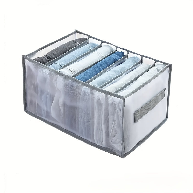 1pc Foldable Closet Organizer with 7-Grid Drawer, Washable Wardrobe Clothes Storage for Jeans and T-Shirts, Non-Textile Material, Grey with Handle