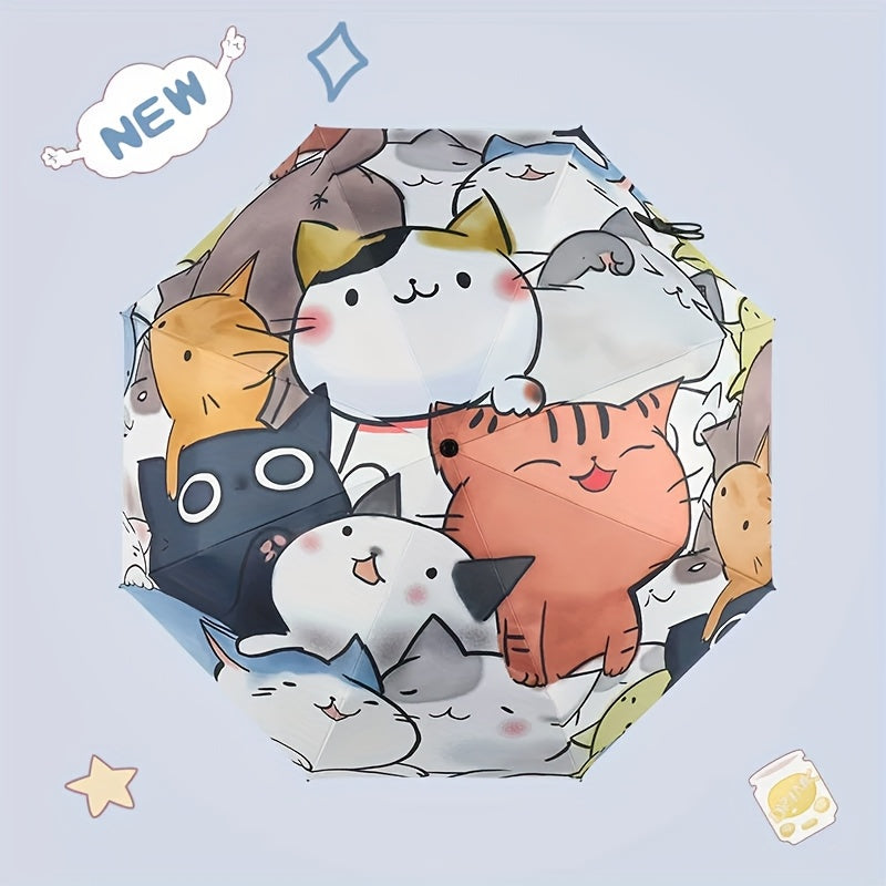 Cute Cartoon Cat Automatic Folding Umbrella - UV Protection & Rain Dual-Use Compact Lightweight Umbrella with 8-Rib Carbon Fiber Frame, Durable 190T Fabric for Students, Travel, Going Out, Outdoor Umbrella