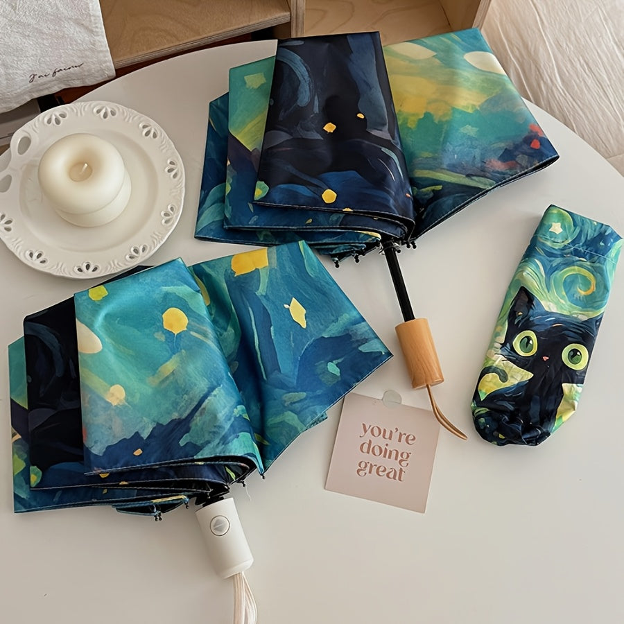 1pc Van Gogh Inspired Black Cat Pattern Folding Umbrella, Casual Cute Fashion Style, Manual Open, 8 Ribs, Pongee & Iron Material, Foldable Sunshade with UV Protection
