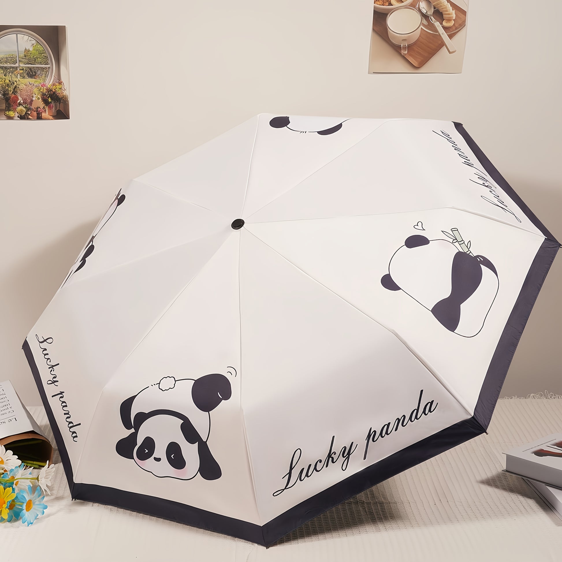 Cute Cartoon Lucky Panda Umbrella, Fashionable and Creative Black Glue Sun Protection UV Blocking, Universal, Lightweight and Portable, Outdoor Sun Umbrell