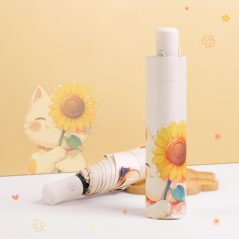 Cat & Sunflower Automatic Sun Umbrella - UV Protection Travel Umbrella with 8-Rib Compact Folding Design, Cute Cat Holding Sunflower Pattern, Lightweight Windproof for Rain & Shine, Stylish Outdoor Accessory