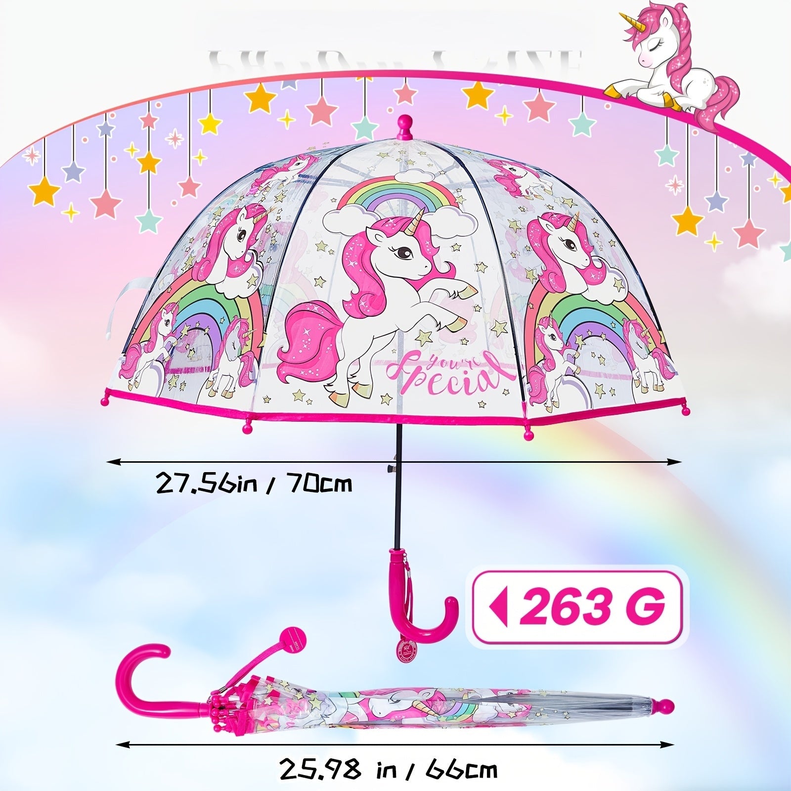 2pcs Unicorn Bubble Umbrellas, Automatic Open, 8 Ribs, Carbon Fiber & PE Handle, Water-Repellent PVC Canopy, Easy Grip Curved Handle for Boys and Girls