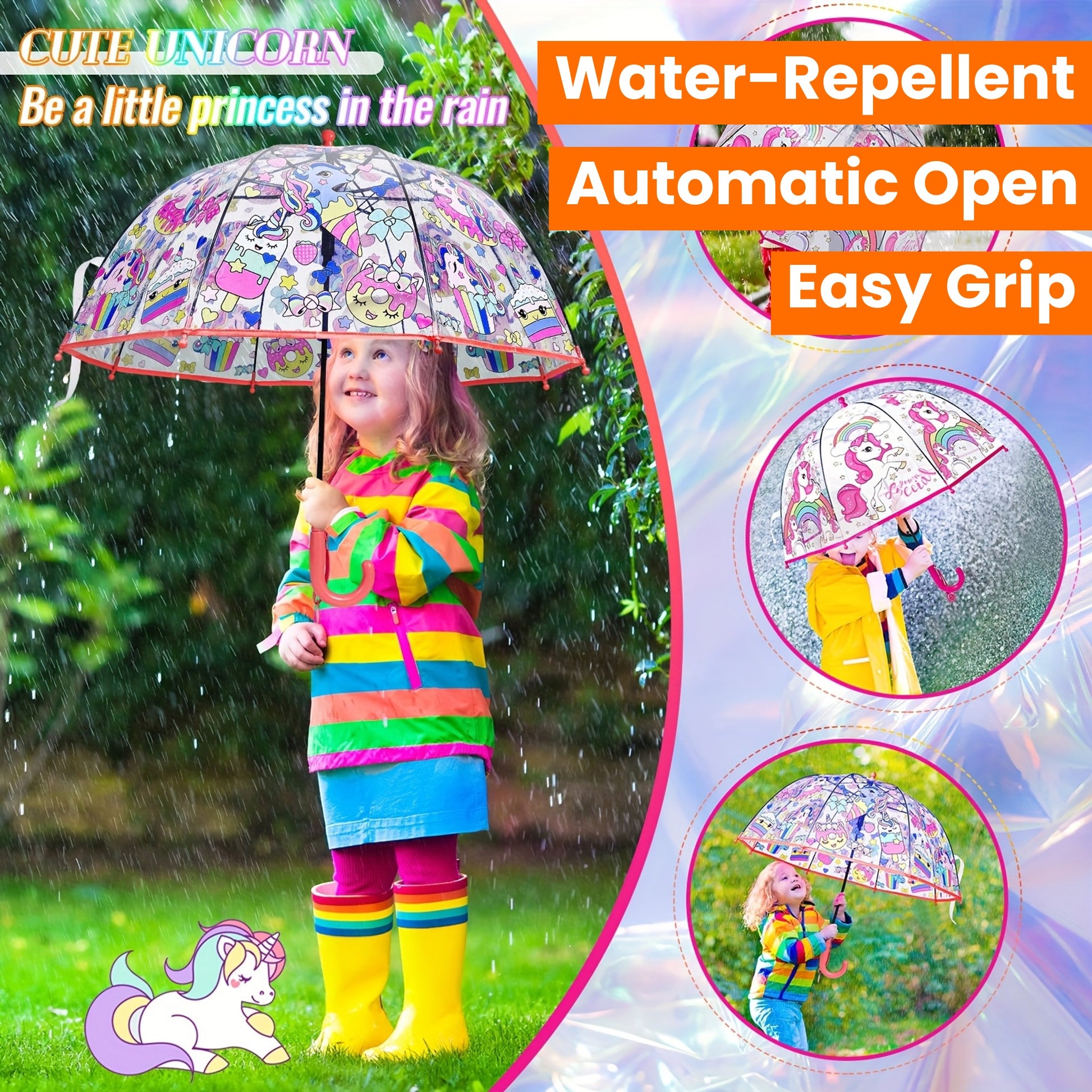 2pcs Unicorn Bubble Umbrellas, Automatic Open, 8 Ribs, Carbon Fiber & PE Handle, Water-Repellent PVC Canopy, Easy Grip Curved Handle for Boys and Girls