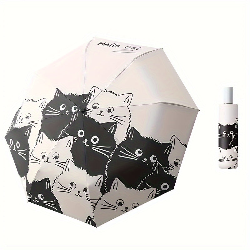 Cute Cat Design Manual Folding Umbrella - 8-Rib Carbon Fiber Frame, 190T Water-Resistant Fabric, Compact Lightweight Umbrella for Women & Men, Sun & Rain Dual Use, Outdoor Umbrella