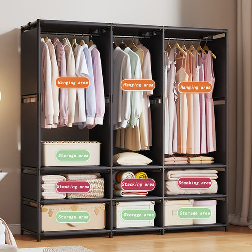 1 multi row simple wardrobe, 16mm metal tube and thickened connecting tube, with 3 hanging areas, large capacity, easy to assemble and disassemble, portable wardrobe, wardrobe storage system