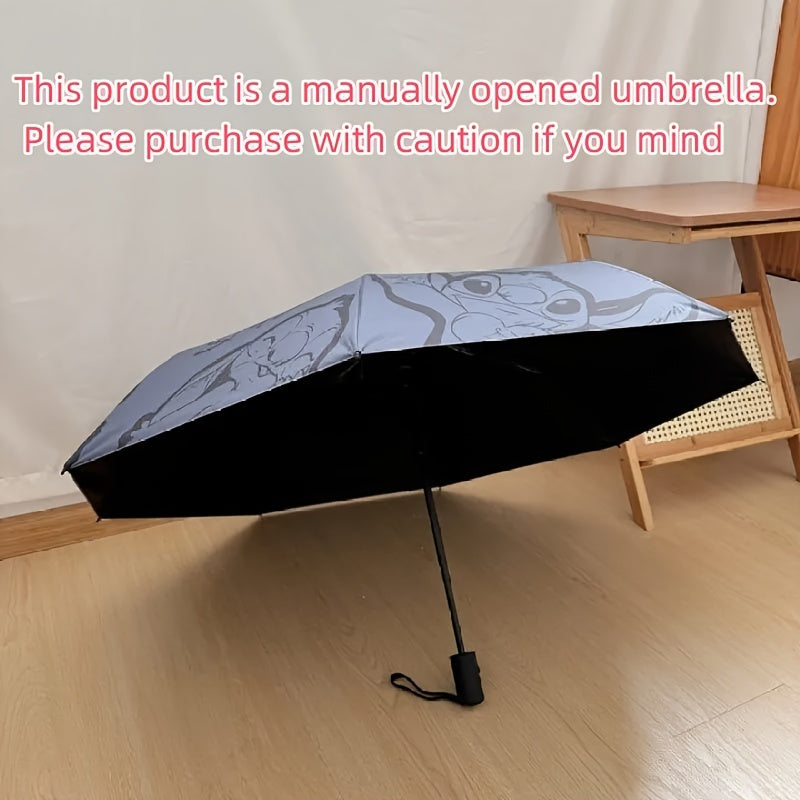 1pc Stitch Printed Manual Umbrella, Dual Use Sunshade, Black Rubber Sunscreen, Folding Outdoor Accessory for Camping, Hiking, Travel, Back to School, Ideal for Birthday, Christmas, Mother's Day Gifts