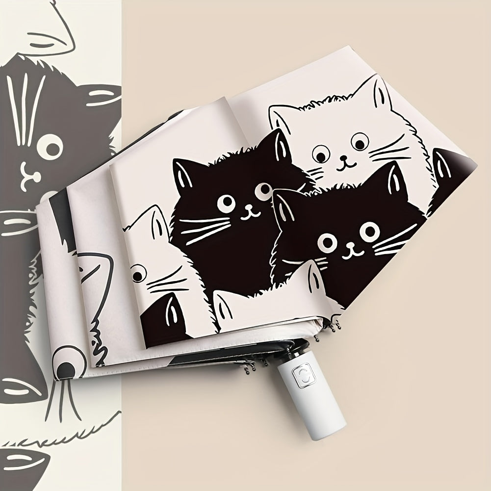 Cute Cartoon Cat Automatic Folding Umbrella - UV Protection & Rain Dual-Use Compact Lightweight Umbrella with 8-Rib Carbon Fiber Frame, Durable 190T Fabric for Students, Travel, Going Out, Outdoor Umbrella