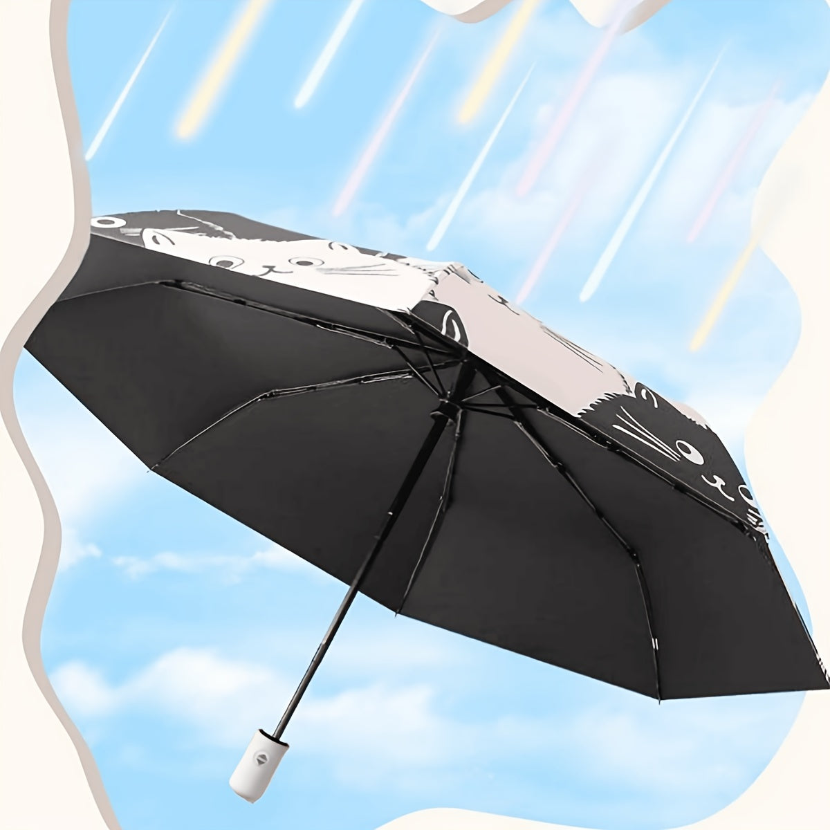 Automatic Open & Close Folding Umbrella with 8 Iron Ribs, Plastic Handle & 190T Pongee Fabric – Stylish Cat Pattern, Windproof Portable Foldable Umbrella for Sun & Rain Protection