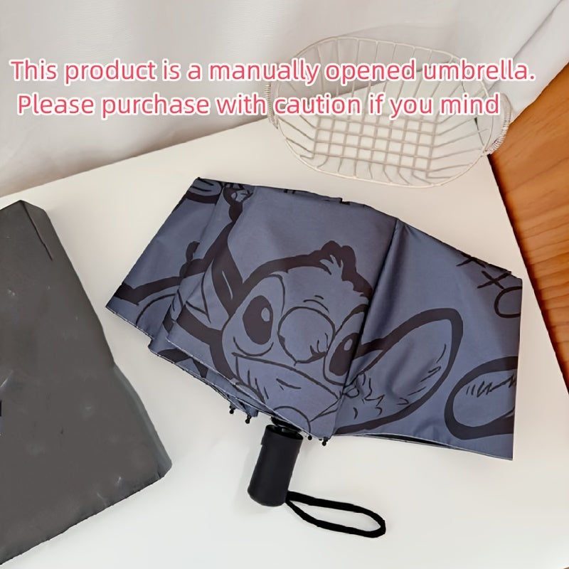 1pc Stitch Printed Manual Umbrella, Dual Use Sunshade, Black Rubber Sunscreen, Folding Outdoor Accessory for Camping, Hiking, Travel, Back to School, Ideal for Birthday, Christmas, Mother's Day Gifts