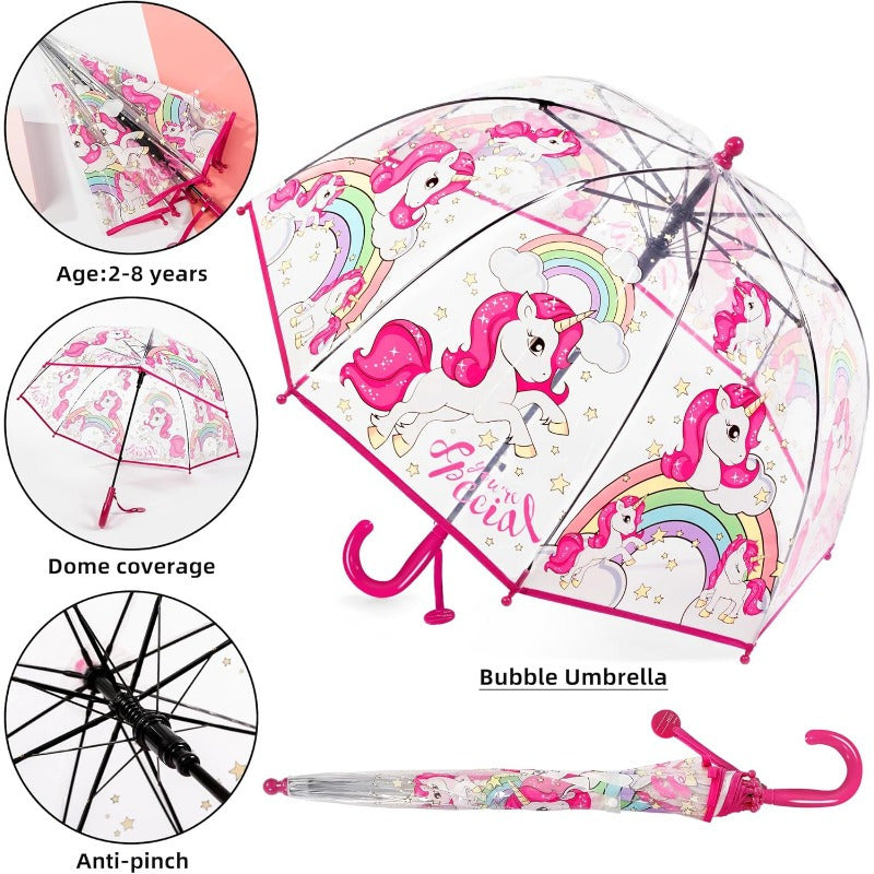 2pcs Unicorn Bubble Umbrellas, Automatic Open, 8 Ribs, Carbon Fiber & PE Handle, Water-Repellent PVC Canopy, Easy Grip Curved Handle for Boys and Girls