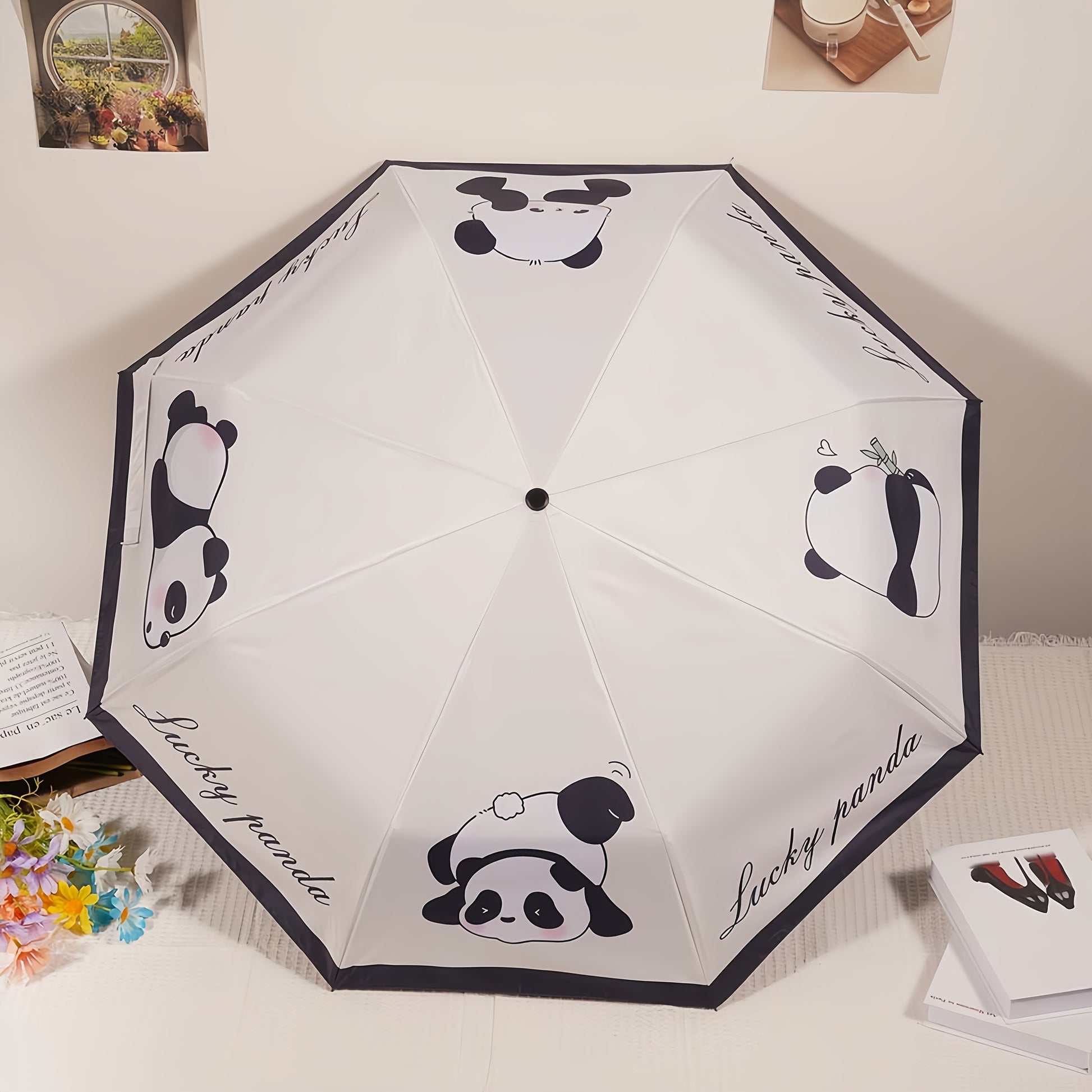 Cute Cartoon Lucky Panda Umbrella, Fashionable and Creative Black Glue Sun Protection UV Blocking, Universal, Lightweight and Portable, Outdoor Sun Umbrell