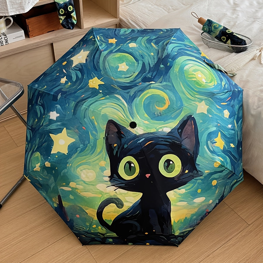 1pc Van Gogh Inspired Black Cat Pattern Folding Umbrella, Casual Cute Fashion Style, Manual Open, 8 Ribs, Pongee & Iron Material, Foldable Sunshade with UV Protection