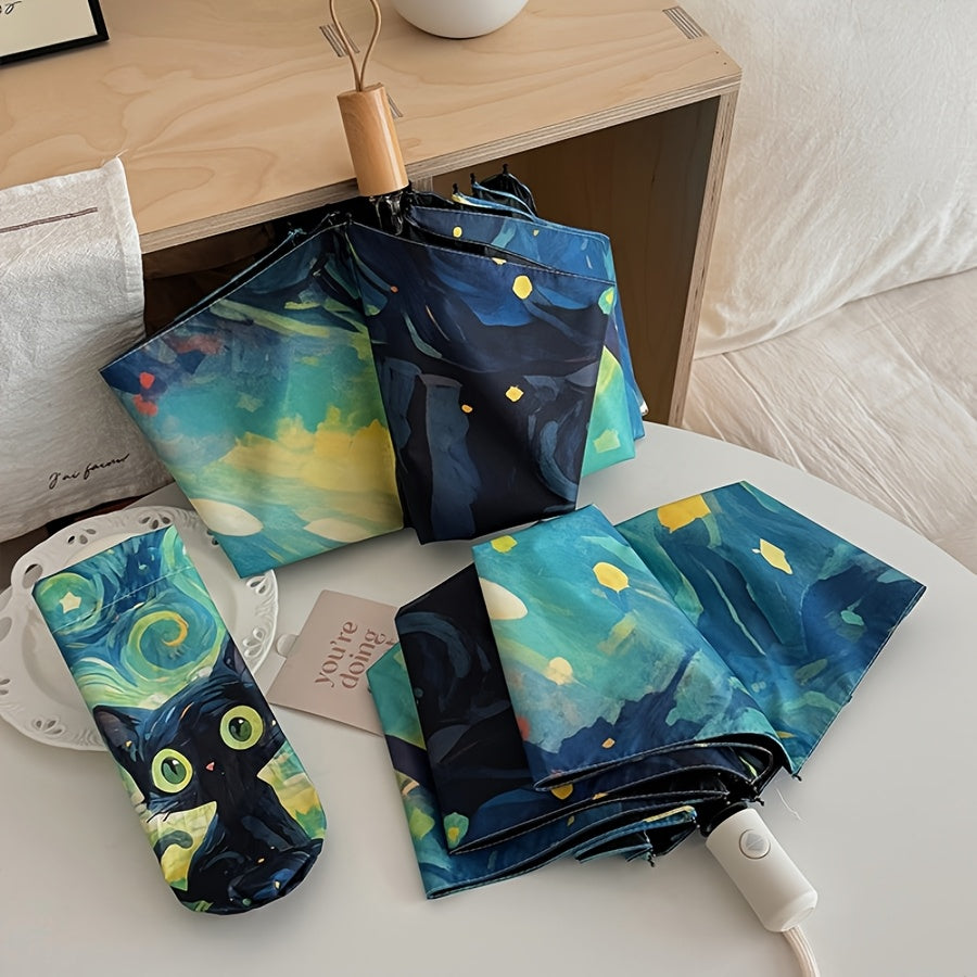 1pc Van Gogh Inspired Black Cat Pattern Folding Umbrella, Casual Cute Fashion Style, Manual Open, 8 Ribs, Pongee & Iron Material, Foldable Sunshade with UV Protection