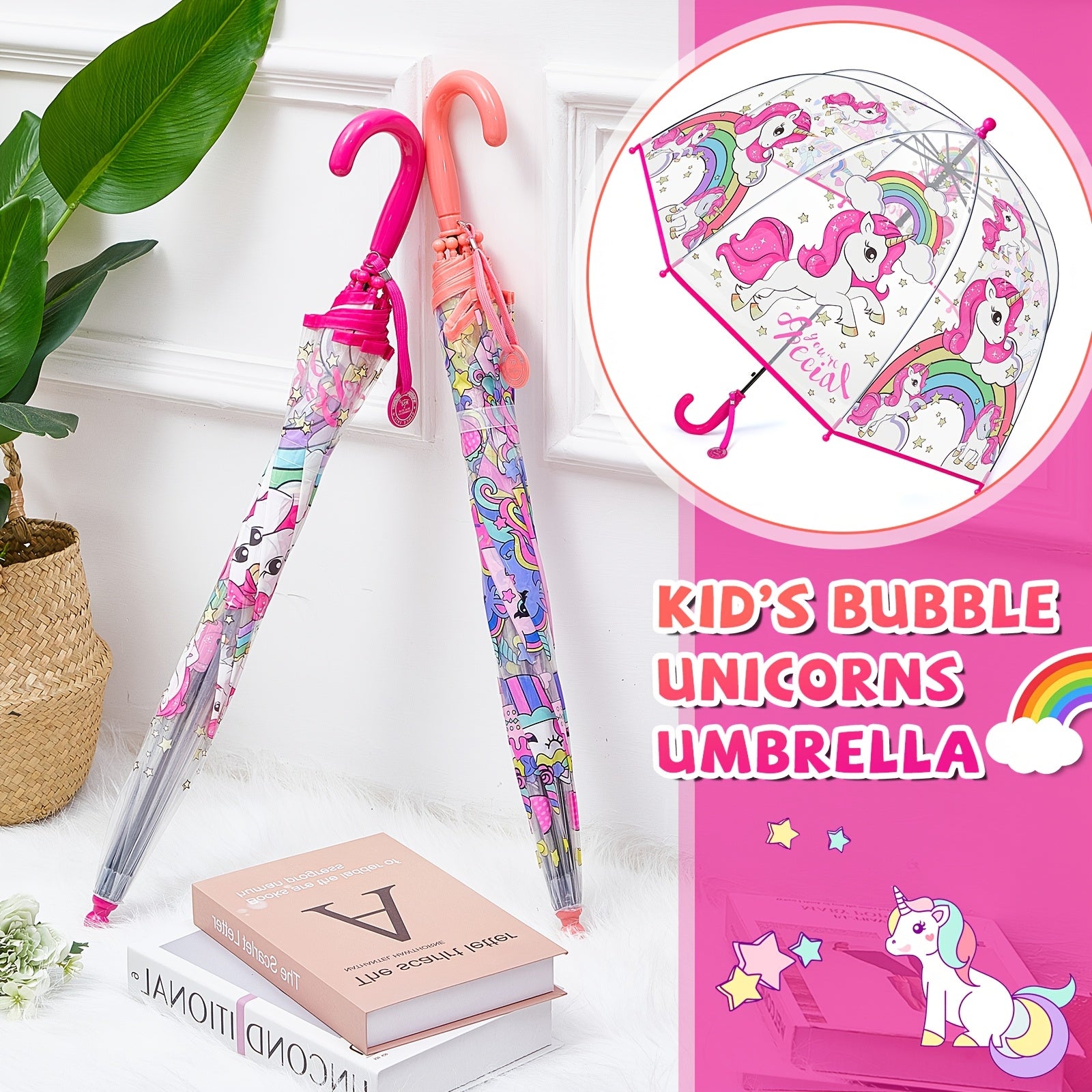 2pcs Unicorn Bubble Umbrellas, Automatic Open, 8 Ribs, Carbon Fiber & PE Handle, Water-Repellent PVC Canopy, Easy Grip Curved Handle for Boys and Girls